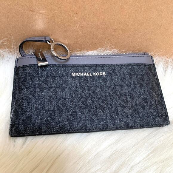MICHAEL KORS Jet Set Travel Black/Gray Logo Flat Euro Card Case Wallet w/Keyring - Picture 2 of 15